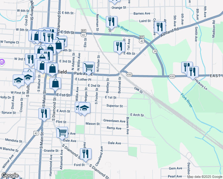 map of restaurants, bars, coffee shops, grocery stores, and more near 264 East 2nd Street in Mansfield