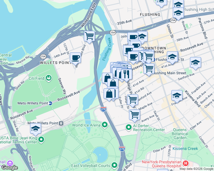 map of restaurants, bars, coffee shops, grocery stores, and more near 131-14 Roosevelt Avenue in Queens