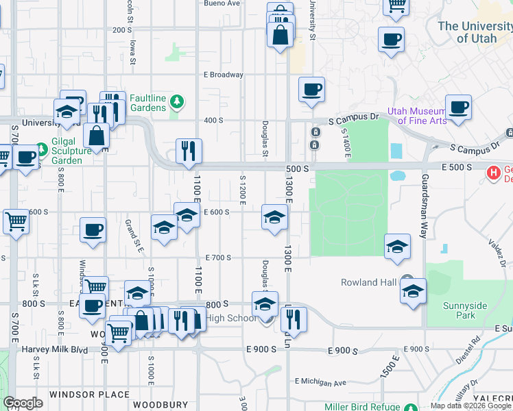map of restaurants, bars, coffee shops, grocery stores, and more near 1223 East 600 South in Salt Lake City
