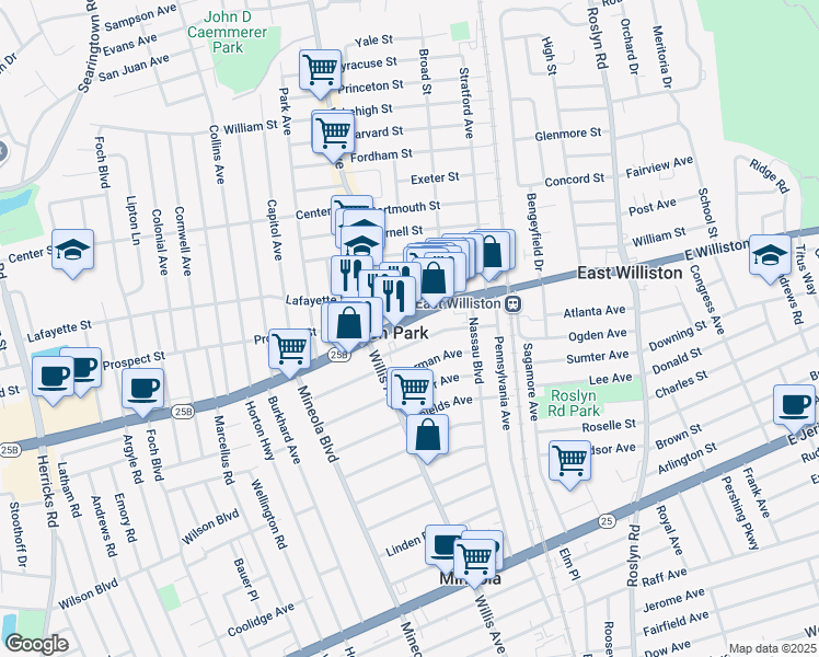 map of restaurants, bars, coffee shops, grocery stores, and more near 117 Hillside Avenue in Williston Park