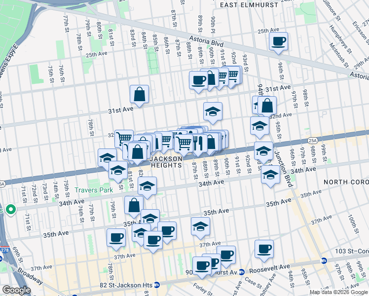 map of restaurants, bars, coffee shops, grocery stores, and more near in Queens