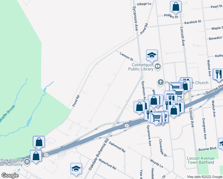 map of restaurants, bars, coffee shops, grocery stores, and more near 203 Blake Avenue in Bohemia