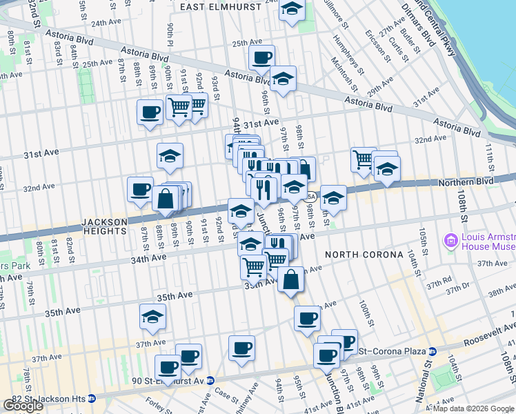 map of restaurants, bars, coffee shops, grocery stores, and more near in Queens