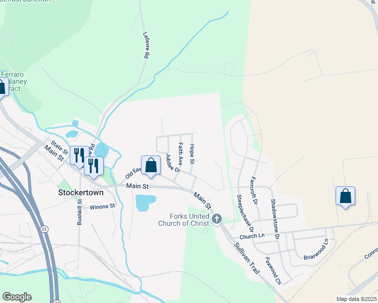 map of restaurants, bars, coffee shops, grocery stores, and more near 213 Faith Avenue in Stockertown