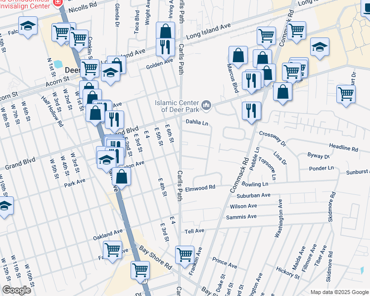 map of restaurants, bars, coffee shops, grocery stores, and more near 305 Carlls Path in Deer Park