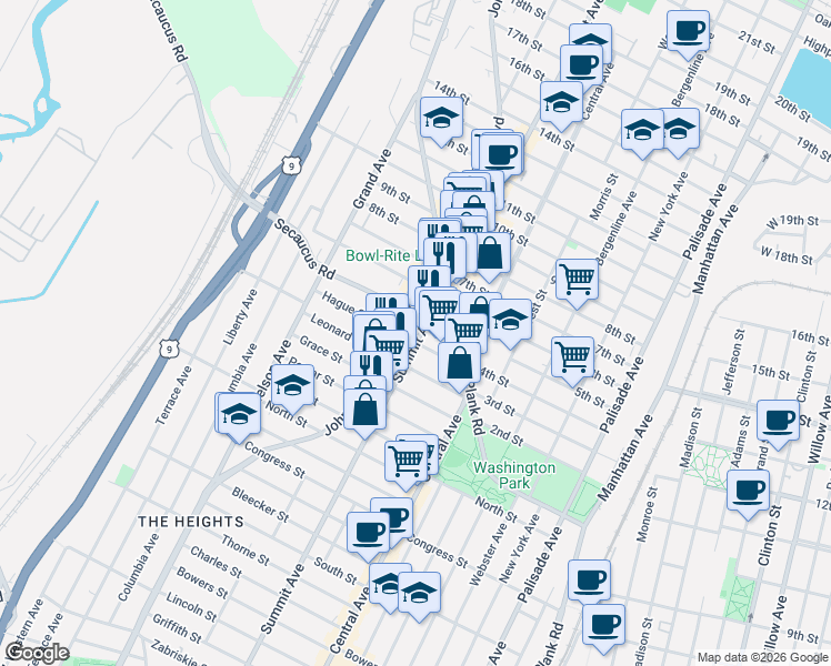 map of restaurants, bars, coffee shops, grocery stores, and more near 57 Hague Street in Jersey City