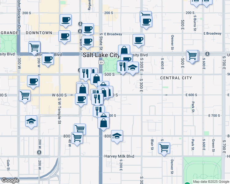 map of restaurants, bars, coffee shops, grocery stores, and more near 161 East 600 South in Salt Lake City