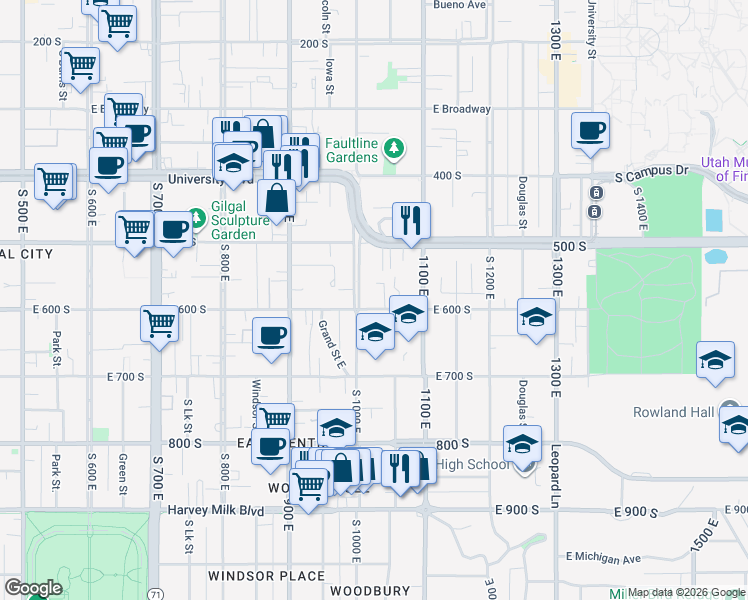 map of restaurants, bars, coffee shops, grocery stores, and more near 1035 East 600 South in Salt Lake City