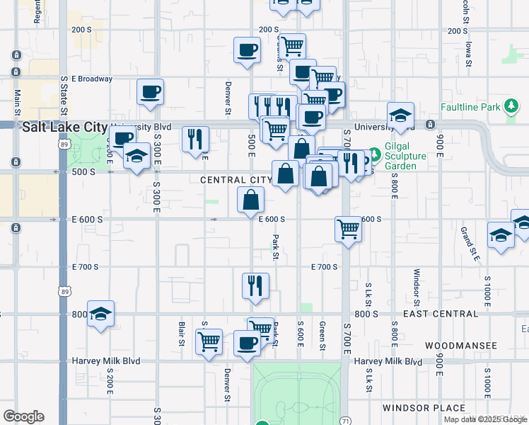 map of restaurants, bars, coffee shops, grocery stores, and more near 519 East 600 South in Salt Lake City