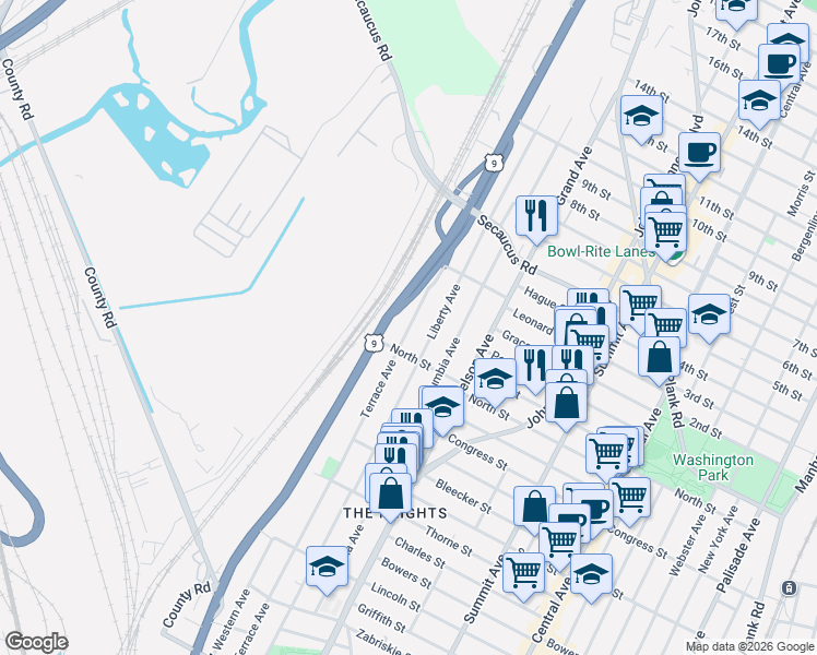 map of restaurants, bars, coffee shops, grocery stores, and more near 300 County Road 649 in Jersey City