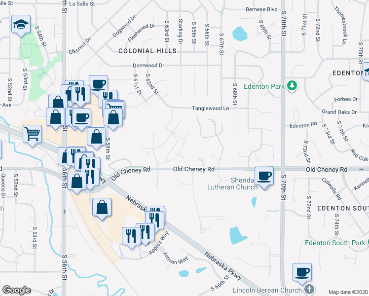 map of restaurants, bars, coffee shops, grocery stores, and more near 6310 Black Forest Drive in Lincoln