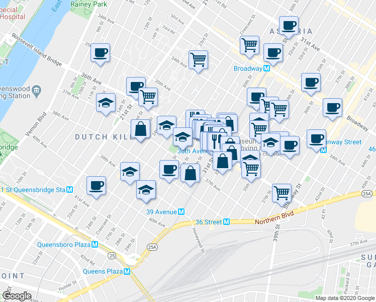 map of restaurants, bars, coffee shops, grocery stores, and more near 36-32 29th Street in Queens