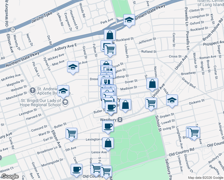 map of restaurants, bars, coffee shops, grocery stores, and more near 210 Post Avenue in Westbury