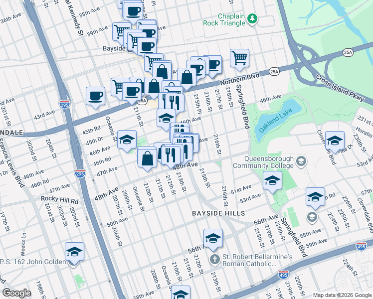 map of restaurants, bars, coffee shops, grocery stores, and more near 47-17 Bell Boulevard in Queens