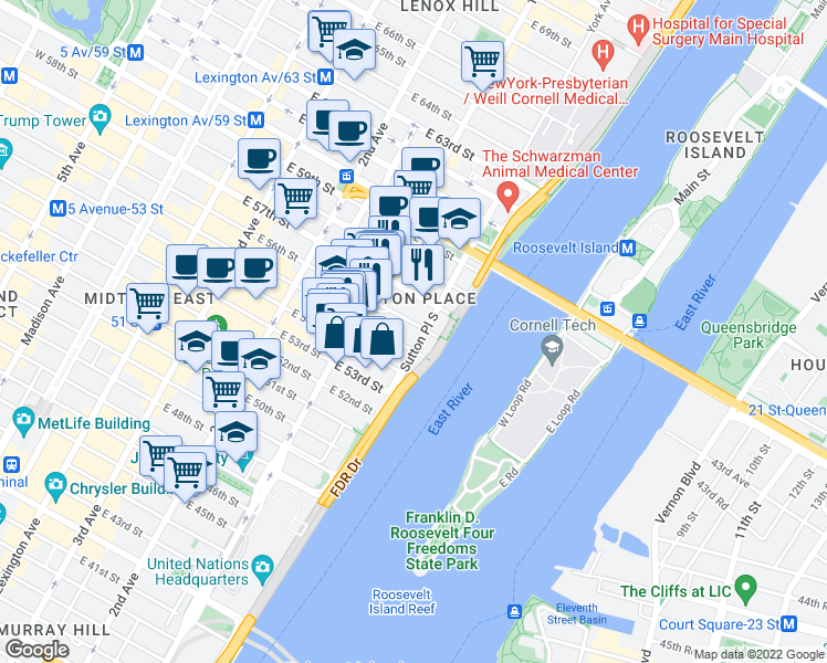 map of restaurants, bars, coffee shops, grocery stores, and more near 435 East 55th Street in New York