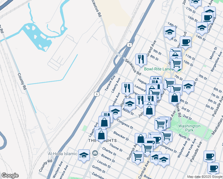 map of restaurants, bars, coffee shops, grocery stores, and more near 580 Liberty Avenue in Jersey City