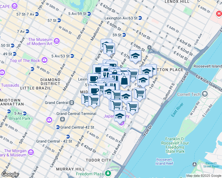 map of restaurants, bars, coffee shops, grocery stores, and more near 206 East 52nd Street in New York