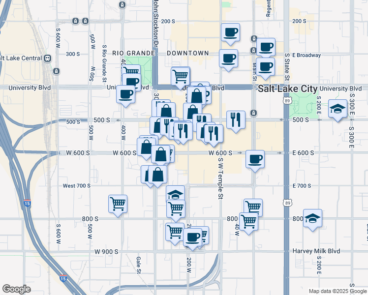 map of restaurants, bars, coffee shops, grocery stores, and more near 214 West 600 South in Salt Lake City