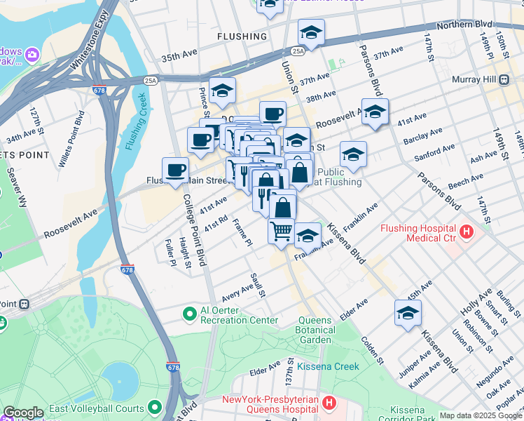 map of restaurants, bars, coffee shops, grocery stores, and more near 136-31 41st Avenue in Queens