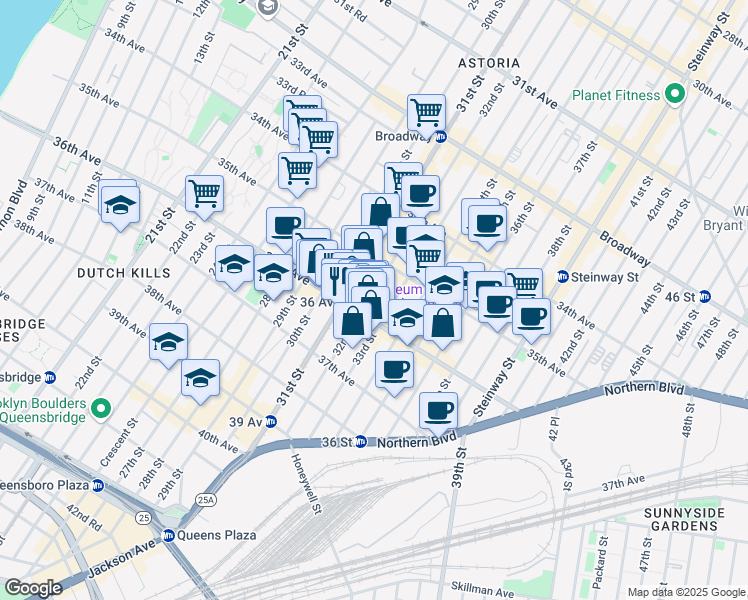 map of restaurants, bars, coffee shops, grocery stores, and more near 35-41 32nd Street in Queens