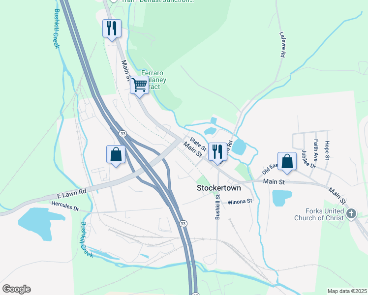 map of restaurants, bars, coffee shops, grocery stores, and more near 320 Main Street in Tatamy