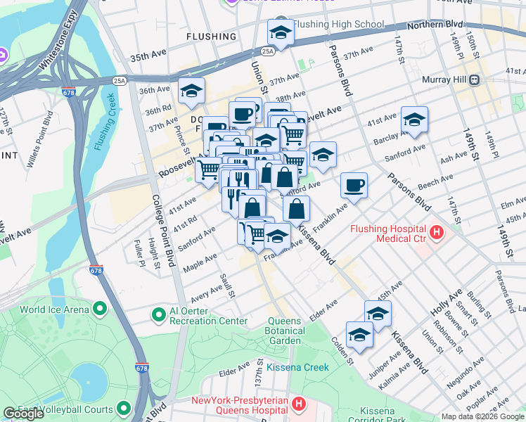 map of restaurants, bars, coffee shops, grocery stores, and more near 42-6 Kissena Boulevard in Queens