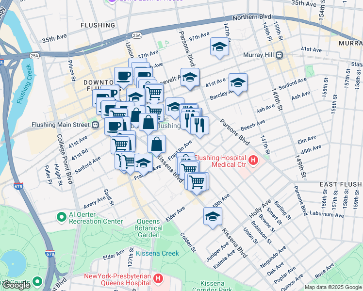 map of restaurants, bars, coffee shops, grocery stores, and more near 142-15 Franklin Avenue in Queens