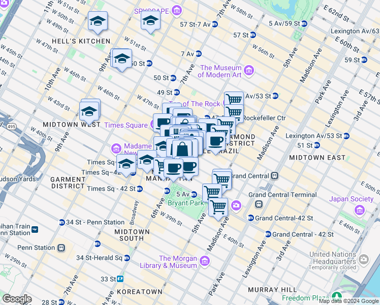 map of restaurants, bars, coffee shops, grocery stores, and more near 1156 Avenue of the Americas in New York