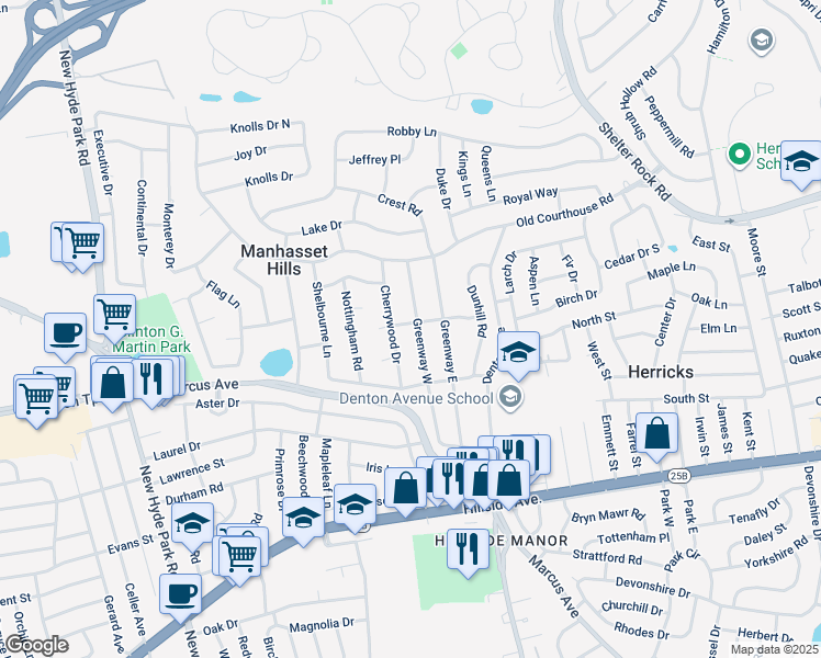 map of restaurants, bars, coffee shops, grocery stores, and more near 72 Cherrywood Drive in Manhasset Hills