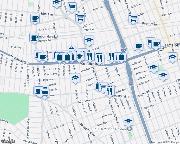 map of restaurants, bars, coffee shops, grocery stores, and more near 53 45th Avenue in Queens