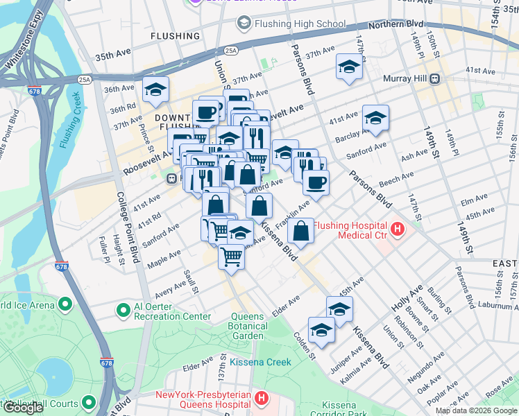 map of restaurants, bars, coffee shops, grocery stores, and more near 42-45 Kissena Boulevard in Queens