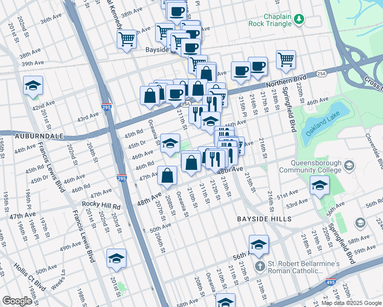 map of restaurants, bars, coffee shops, grocery stores, and more near 46-34 211th Street in Queens