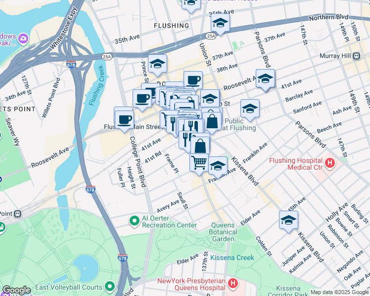 map of restaurants, bars, coffee shops, grocery stores, and more near 136-31 41st Avenue in Queens