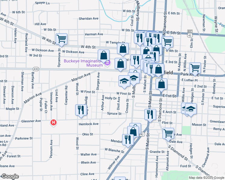 map of restaurants, bars, coffee shops, grocery stores, and more near 150 West First Street in Mansfield
