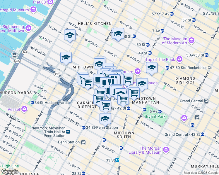 map of restaurants, bars, coffee shops, grocery stores, and more near 640 8th Avenue in New York