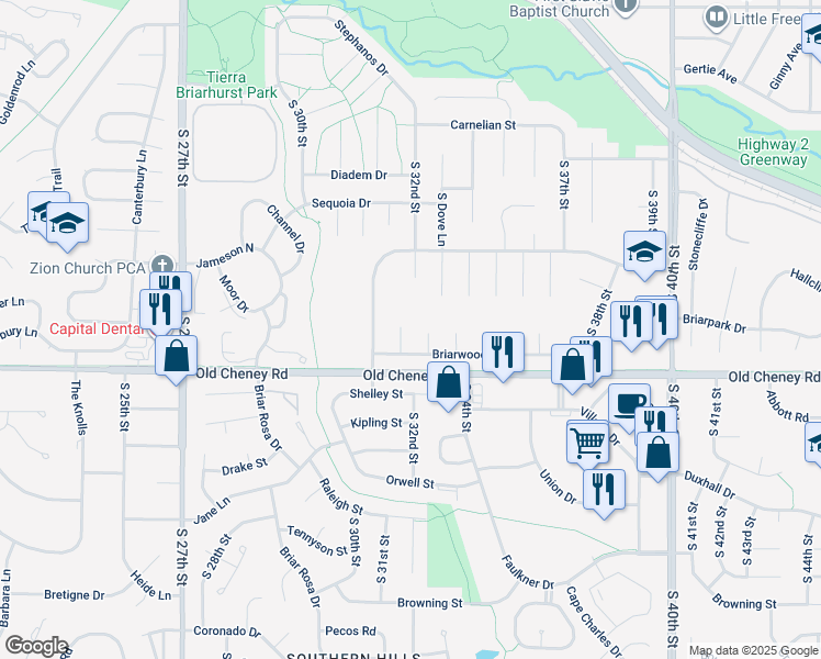 map of restaurants, bars, coffee shops, grocery stores, and more near 5612 Briarpatch Circle in Lincoln