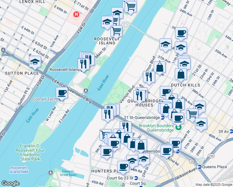 map of restaurants, bars, coffee shops, grocery stores, and more near Vernon Boulevard in Queens