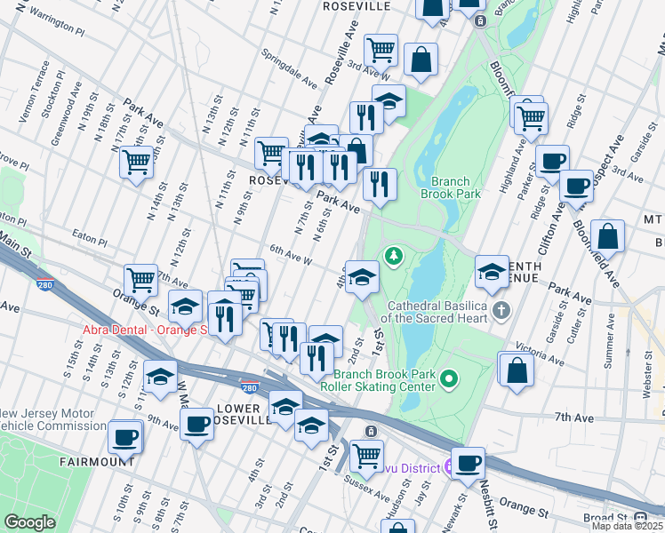 map of restaurants, bars, coffee shops, grocery stores, and more near 229 6th Avenue West in Newark