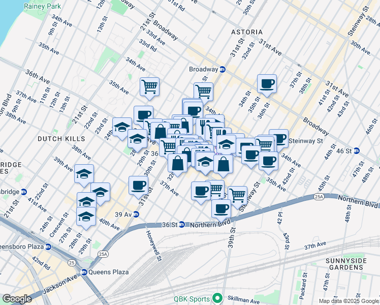 map of restaurants, bars, coffee shops, grocery stores, and more near 35-37 32nd Street in Queens