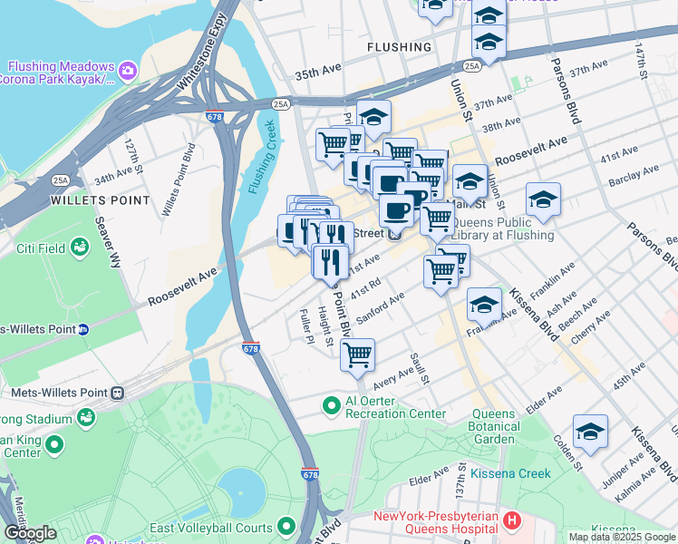 map of restaurants, bars, coffee shops, grocery stores, and more near 40-57 College Point Boulevard in Queens