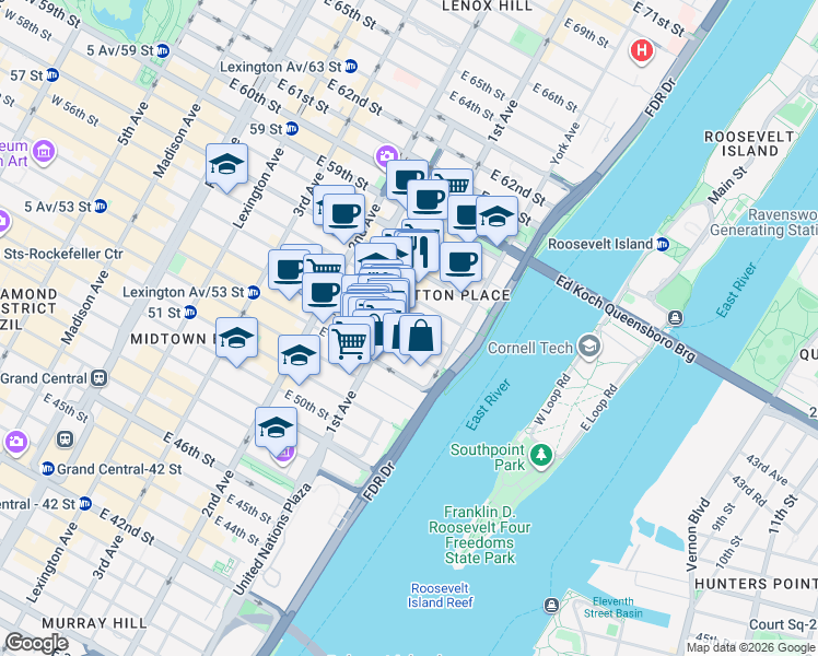 map of restaurants, bars, coffee shops, grocery stores, and more near 404 East 55th Street in New York