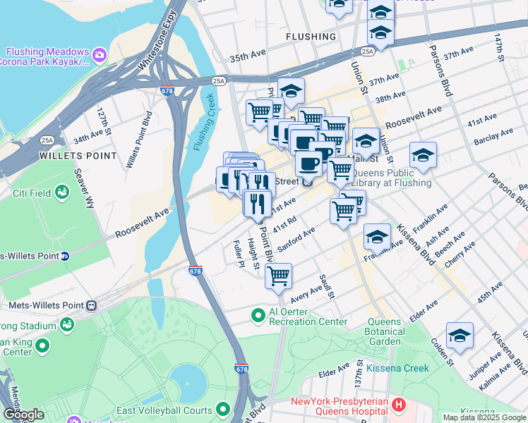 map of restaurants, bars, coffee shops, grocery stores, and more near 40-57 College Point Boulevard in Queens