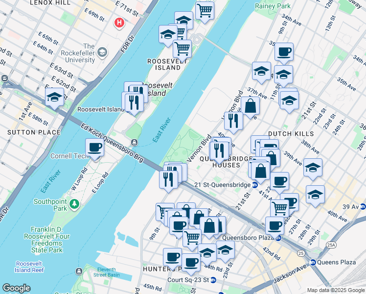 map of restaurants, bars, coffee shops, grocery stores, and more near Vernon Boulevard in Queens