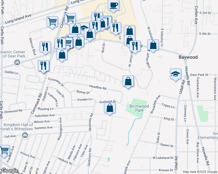 map of restaurants, bars, coffee shops, grocery stores, and more near 99 Headline Road in Deer Park