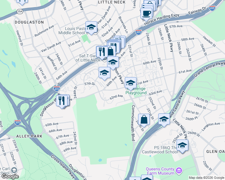 map of restaurants, bars, coffee shops, grocery stores, and more near 245-72 61st Avenue in Queens