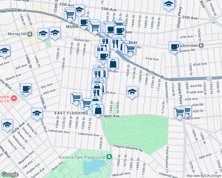 map of restaurants, bars, coffee shops, grocery stores, and more near 163-13 45th Avenue in Queens