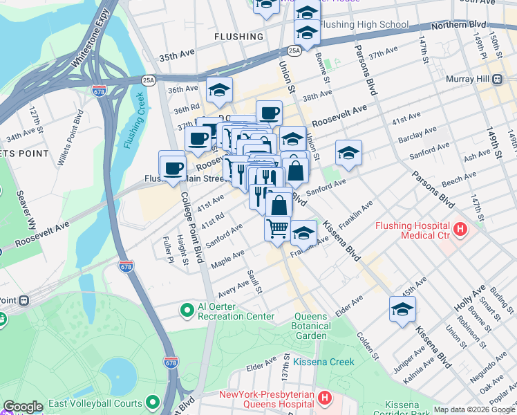 map of restaurants, bars, coffee shops, grocery stores, and more near 133-47 Sanford Avenue in Queens