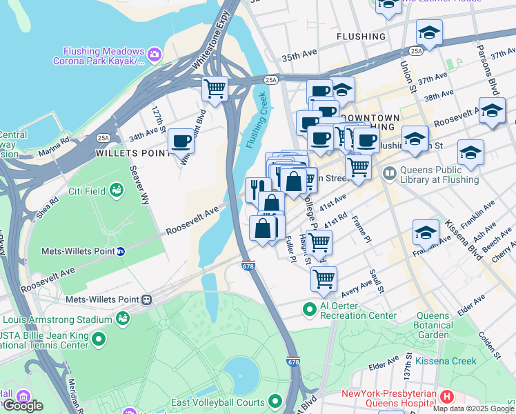 map of restaurants, bars, coffee shops, grocery stores, and more near 131-14 Roosevelt Avenue in Queens