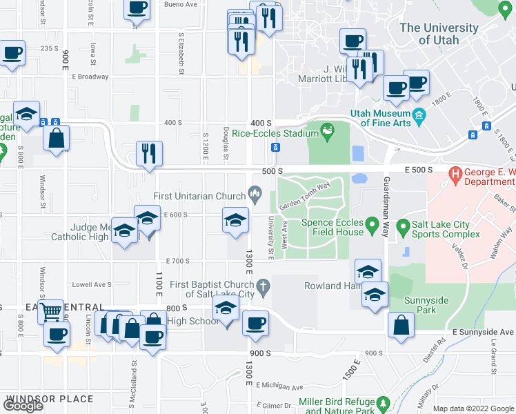 map of restaurants, bars, coffee shops, grocery stores, and more near 569 South 1300 East in Salt Lake City