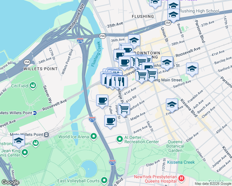 map of restaurants, bars, coffee shops, grocery stores, and more near 131-50 40th Road in Queens